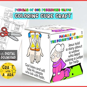 May include: A white cube craft with illustrations and text related to the Parable of the Persistent Widow. The cube features drawings of a widow, an hourglass, and text that reads "COLORING CUBE CRAFT" and "DIGITAL DOWNLOAD".