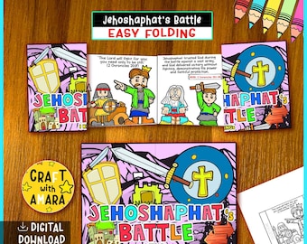Może przedstawiać: Kolorowy, ilustrowany projekt rzemieślniczy zatytułowany "Jehoshaphat's Battle" z tekstem "Easy Folding". Projekt zawiera tarcze, miecze i postacie z kreskówek. Dostępne jest pobieranie cyfrowe.