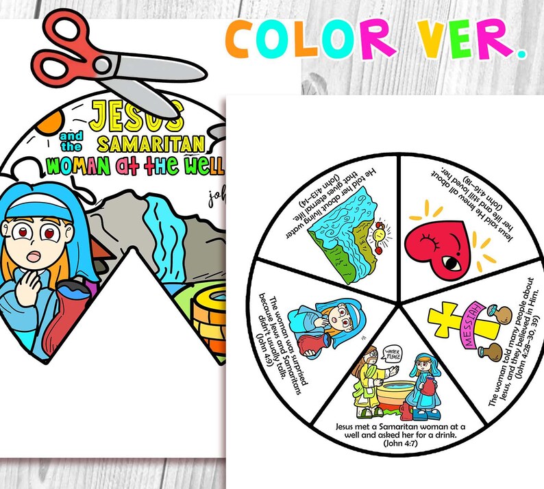 Jesus and the Samaritan Woman at the Well Spinner Coloring Wheel Bible ...