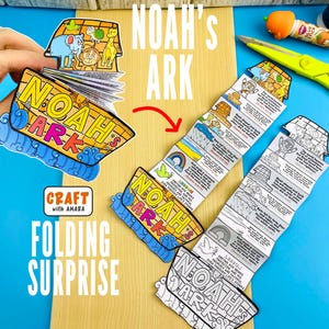 May include: A colorful, handmade "Noah's Ark" folding surprise craft. The craft features the text "NOAH'S ARK" and illustrations of animals. The words "CRAFT with AMARA" and "FOLDING SURPRISE" are also visible.