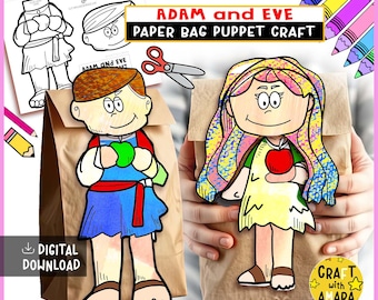 May include: A craft project featuring paper bag puppets of Adam and Eve. The puppets are colorful illustrations with the text "ADAM and EVE PAPER BAG PUPPET CRAFT". The image includes a "DIGITAL DOWNLOAD" icon and a "Craft with Amara" logo.