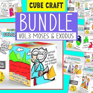Peut inclure: Un ensemble de cubes en papier à imprimer sur le thème de Moïse et de l'Exode. Les cubes présentent des illustrations colorées et du texte, notamment God told Moses to lead the Israelites out of Egypt et When the enemy chased them the sea closed again.