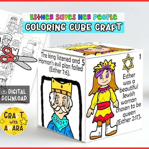 May include: A white cube craft with illustrations and text about Esther. The cube features drawings of a king and queen, along with text from the Bible. The text on the cube reads "Esther saves her people coloring cube craft".