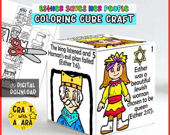 May include: A white cube craft with illustrations and text about Esther. The cube features drawings of a king and queen, along with text from the Bible. The text on the cube reads "Esther saves her people coloring cube craft".