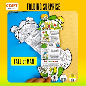 May include: A folding craft project labelled "FALL of MAN" with illustrations and text. The project includes the text "DISOBEDIENCE BRINGS CONSEQUENCES, BUT GOD'S LOVE ALWAYS PROVIDES FORGIVENESS, HOPE, AND RESTORATION."