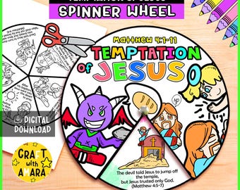 May include: A colorful spinner wheel with the text "Temptation of Jesus" and illustrations from the Bible. The wheel includes a devil character, Jesus, and other religious figures. The text "Digital Download" is also visible.