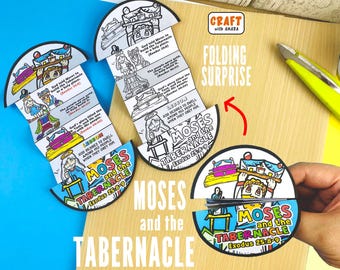 May include: A craft project featuring a folding surprise with the theme "Moses and the Tabernacle." The design includes illustrated panels with text from Exodus 25:8-9, and the words "Craft with Amara" and "Folding Surprise."