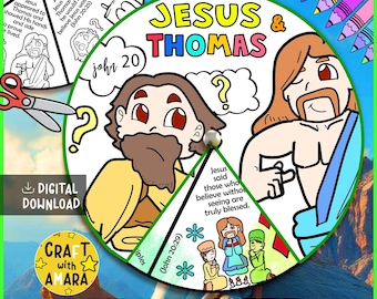 May include: A colorful spinner wheel craft featuring the text "Jesus & Thomas" with cartoon illustrations. The wheel includes text from John 20:25 and 20:29, and the words "Digital Download" and "Spinner Wheel".