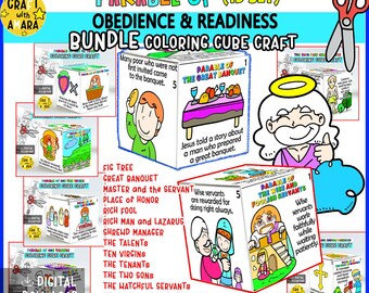 BUNDLE Parable of Obedience and Readiness Coloring Cube Box Bible Craft: Children Ministry, Christian Sunday School Church Activity Kids