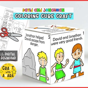 May include: A white cube craft with illustrations and text from the story of David and Jonathan. The cube features drawings of characters and text like "David and Jonathan were very good friends." Also included are coloring pages and scissors.