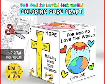 John 3:16 For God so Loved the World Coloring Cube Craft, Bible Verse, Bible Study Lesson Guide Kids, Sunday School Activity, Memory Games