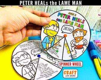 May include: A circular paper spinner wheel craft titled Peter Heals the Lame Man, featuring colorful cartoon illustrations of biblical figures, text references to Acts 3, and a central orange fastener. The design includes segments with drawings.