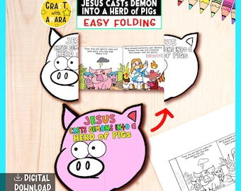Jesus Casts Demons into a Herd of Pigs Easy Folding Surprise Bible Craft: Jesus Death Miracle, Christian Sunday School Church Activity Kids
