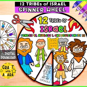 12 Tribes of Israel Spinner Coloring Wheel, Bible Activity, Kids Bible Lesson Study, Sunday School Craft, Bible Story, Memory Game
