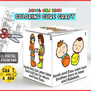 May include: A white cube craft with illustrations and text about Jacob and Esau. The cube features cartoon drawings of the biblical figures and text like "COLORING CUBE CRAFT" and "Jacob and Esau were twin brothers born to Isaac and Rebekah."