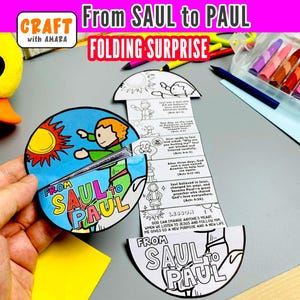 May include: A paper craft activity titled From SAUL to PAUL featuring a circular coloured illustration of a person and a sun, connected to a vertical folding strip with black and white line art drawings and printed text detailing a biblical story.