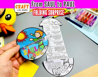 May include: A paper craft activity titled From SAUL to PAUL featuring a circular colored illustration of a person and a sun, connected to a vertical folding strip with black and white line art drawings and printed text detailing a biblical story.