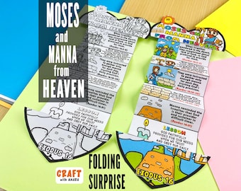 Moses and Manna from Heaven Folding Surprise Craft: Bible Study Lesson Sunday School, Church Activity Kids, Mini Book, Old Testament