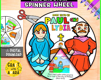 Paul and Lydia Spinner Coloring Wheel Craft, Bible Activity, Kids Bible Story Lesson, Sunday School, Memory Game, Christian Homeschool