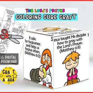 The Lord&#39;s Prayer Coloring Cube Craft, Memory Games, Bible Craft for Kids, Bible Study Lesson, Sunday School Activity, New Testament