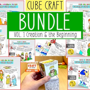 Peut inclure: Un ensemble numérique de pages de coloriage en forme de cube à imprimer, illustrant des thèmes bibliques comme la Création, l'arche de Noé, Adam et Ève. Chaque cube présente des dessins et du texte sur ces récits, à découper et assembler.