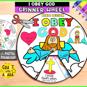 I Obey God Spinner Coloring Wheel, Bible Activity, Identity in Christ, Gospel Activity, Sunday School Craft Bible Lesson Story, Memory Games