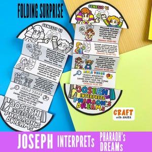 May include: A black and white folding craft project with the text "FOLDING SURPRISE" and "JOSEPH INTERPRETS PHARAOH'S DREAMS." The project features illustrations and text from Genesis 41, including Bible verses and character depictions.