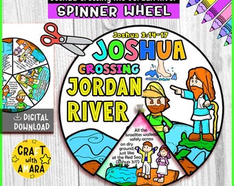 Może przedstawiać: Kolorowe koło spinnera z tekstem "Joshua Crossing the Jordan River". Koło zawiera ilustracje postaci biblijnych oraz tekst "Digital Download" i "Craft with Amara".