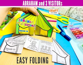 May include: A paper craft activity titled Abraham and 3 Visitors Genesis 18, featuring a green tent cutout with colorful text and a black and white foldable booklet with illustrations of a figure and three visitors, designed for easy folding.