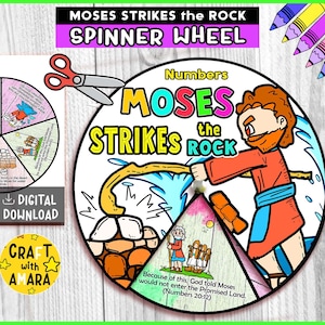 May include: A colorful spinner wheel with the text "MOSES STRIKES the ROCK" and "SPINNER WHEEL". The wheel features illustrations of Moses striking a rock, with the text "DIGITAL DOWNLOAD" and "CRAFT with AMARA".
