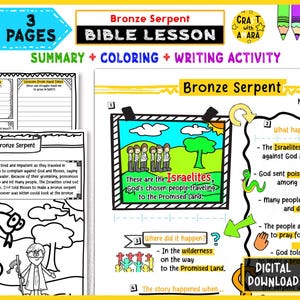 May include: A digital download Bible lesson titled "Bronze Serpent" with summary, coloring, and writing activities. The image features illustrated scenes, including Israelites traveling to the Promised Land, and text boxes with questions and answers.