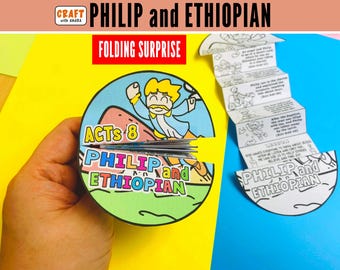 May include: A circular paper craft titled Acts 8 Philip and Ethiopian with a colorful illustration of a person. Beside it is an accordion-folded paper strip featuring black and white line drawings and text detailing the biblical story of Philip.
