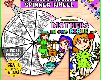Mothers in the Bible Spinner Coloring Wheel Craft: Bible Activity for Kids, Bible Lesson Summary Study, Sunday School, Memory Games