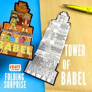 May include: A colorful, folding paper craft labeled "Tower of Babel." The design features illustrations of biblical figures and the text "Tower of Babel" in large, bold letters. The craft is a "Folding Surprise."