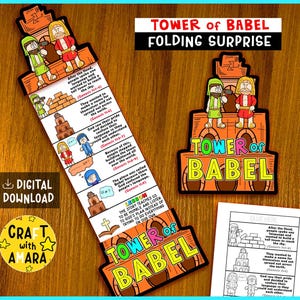 Op de afbeelding: Een kleurrijk, geïllustreerd knutselproject met de Toren van Babel. Het ontwerp bevat de tekst "Tower of Babel Folding Surprise" en "Craft with Amara". Het is een digitale download.