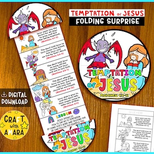 May include: A vibrant, illustrated craft project labelled "Temptation of Jesus Folding Surprise." The design features cartoon depictions of Jesus and the devil, with text from Matthew 4:1-11. Includes a "Digital Download" and "Craft with Amara" logo.
