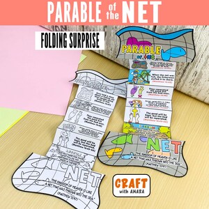 May include: A paper craft activity titled Parable of the Net Folding Surprise. It features two accordion-folded strips with black and white line art illustrations and text from Matthew 13:47-50, alongside a colored version showing fish and religious symbols.
