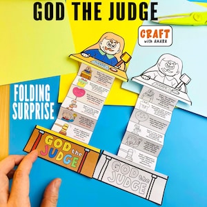May include: Two paper craft projects titled GOD THE JUDGE, one colored and one black and white. Each features a cartoon judge at a desk with a folding accordion strip below containing illustrations and text. A pair of lime green scissors is visible.