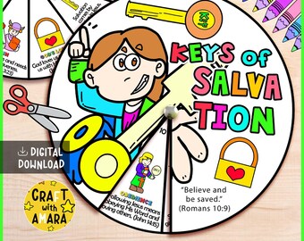 Keys of Salvation Spinner Wheel Bible Craft, Grace of God, Bible Lesson Study, Sunday School, Church Activity Kids, Jesus Faith Bible Verse
