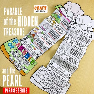 May include: Two paper crafts titled "Parable of the Hidden Treasure and the Pearl" with illustrations and text. The crafts are white, green, and orange with the text "Craft with Amara" and "Parable Series".