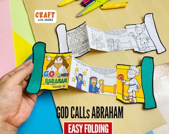 May include: A paper craft activity titled God Calls Abraham featuring two accordion-folded scrolls. One scroll is colored with illustrations of a bearded figure and stars, while the other is a black and white outline version for coloring.