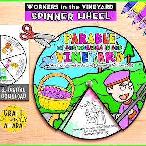 Pode incluir: Uma roda giratória colorida com o texto "Parábola dos trabalhadores da vinha" e a citação "Não me é lícito fazer o que quero?" (Mateus 20:15). Inclui uma cesta de uvas, uma personagem de desenho animado e o texto "DOWNLOAD DIGITAL".