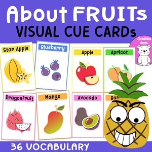36 About Fruits Visual Cue Flashcards, Vocabulary Flash Cards Montessori Printable Resource, Toddler Homeschool Activity, Preschool Learning