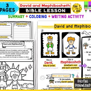 May include: A colorful Bible lesson worksheet titled "David and Mephibosheth" with illustrations and text. The pages include summary, coloring, and writing activities. The text includes "David, king of Israel" and "Mephibosheth, Jonathan's son and Saul's grandson."