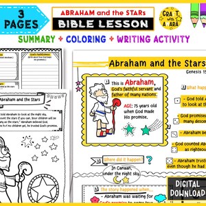 May include: A colorful educational worksheet titled "Abraham and the Stars" with the text "Bible Lesson." The pages include summaries, coloring, and writing activities. The image features illustrations and text about Abraham and his story.