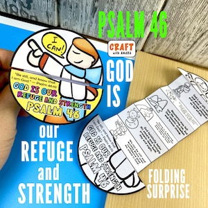 Puede incluir: Un proyecto de manualidades colorido con un diseño circular con el texto "GOD IS OUR REFUGE AND STRENGTH PSALM 46". El diseño incluye una ilustración de una persona y las palabras "I CAN!". También se muestra una sorpresa plegable con versículos bíblicos.