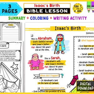 May include: A colorful Bible lesson printable titled "Isaac's Birth" with the text "Summary + Coloring + Writing Activity." The lesson includes illustrations of Abraham and Sarah, and a digital download option.