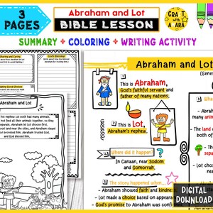 May include: A colorful educational printable titled "Abraham and Lot Bible Lesson" with the text "Summary + Coloring + Writing Activity." The pages include illustrations and text boxes for writing and coloring, with the words "Digital Download."