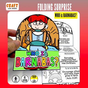 May include: A colorful folding surprise craft with the text "WHO IS BARNABAS?" features a cartoon illustration of a character with red hair and a blue outfit. The craft includes sections with text about Barnabas's role and a rainbow illustration.