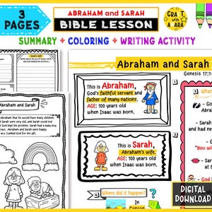 May include: A colorful Bible lesson worksheet titled "Abraham and Sarah" with the text "Summary + Coloring + Writing Activity." The pages include illustrations of Abraham, Sarah, and related scenes, with text boxes and prompts for children.
